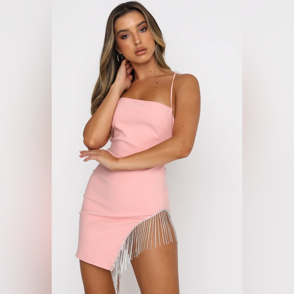 NWT White Fox Come Back Light Pink Rose XS Mini Dress with Rhinestone Fringe
